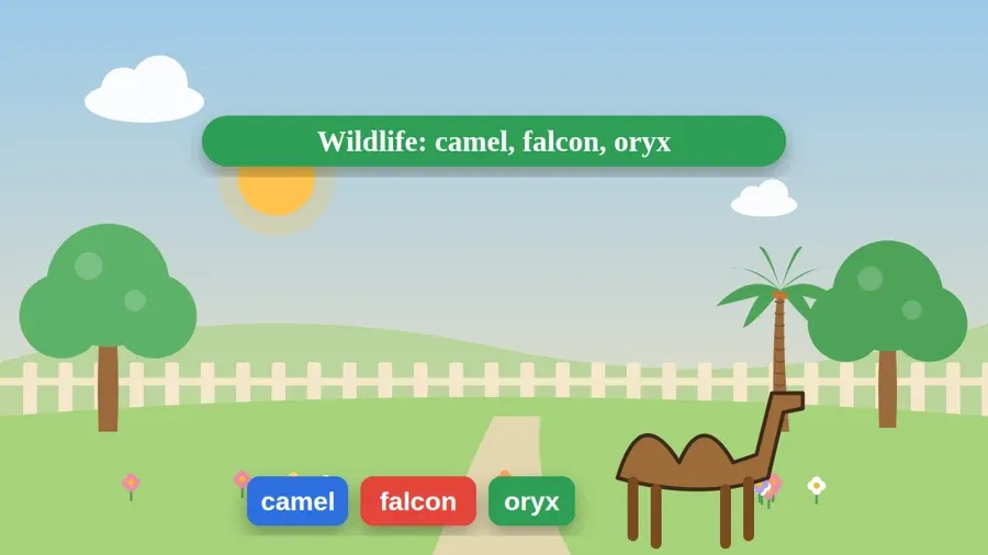 Wildlife: camel, falcon, oryx