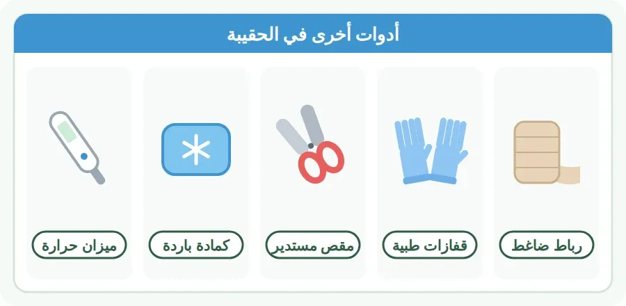 أدوات أخرى في حقيبة الإسعافات: رباط ضاغط، قفازات طبية، مقص بأطراف مستديرة، كمادة باردة، ميزان حرارة