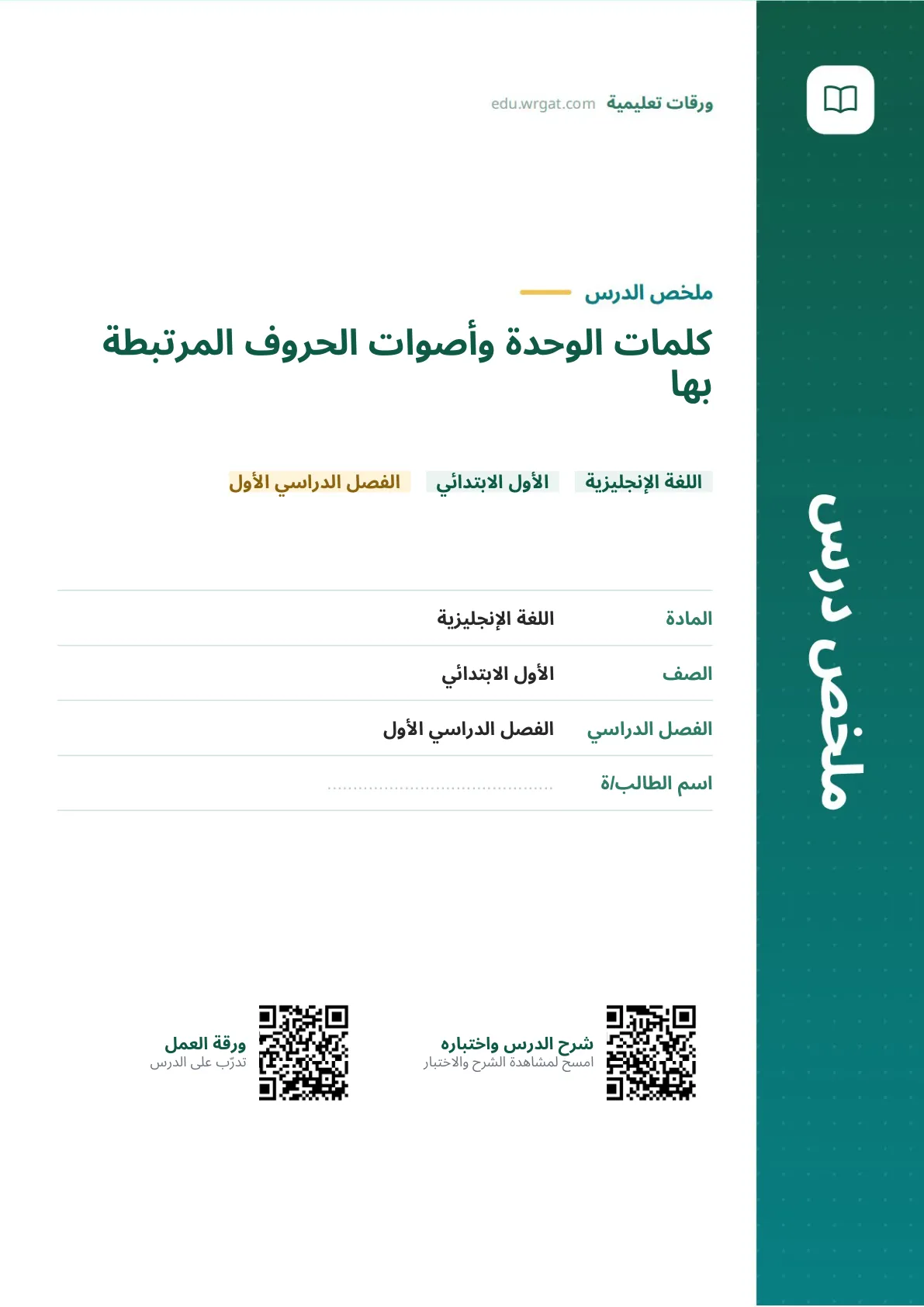 ملخص درس كلمات الوحدة وأصوات الحروف المرتبطة بها اول ابتدائي الفصل الدراسي الأول