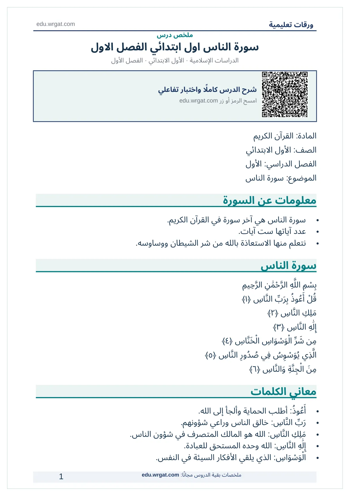 ملخص درس سورة الناس اول ابتدائي الفصل الاول