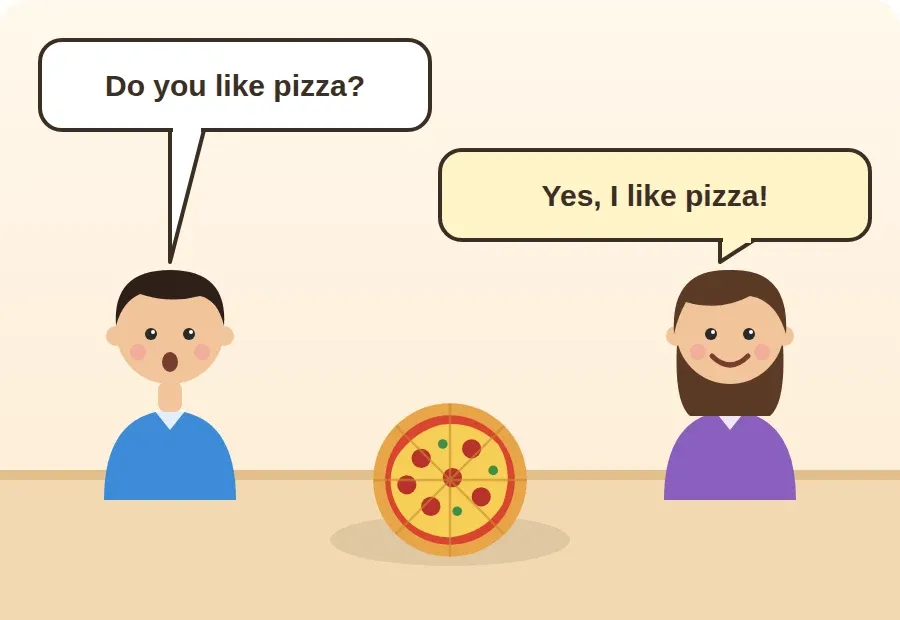 ولد يسأل: Do you like pizza? وبنت تجيب مبتسمة: Yes, I like pizza!