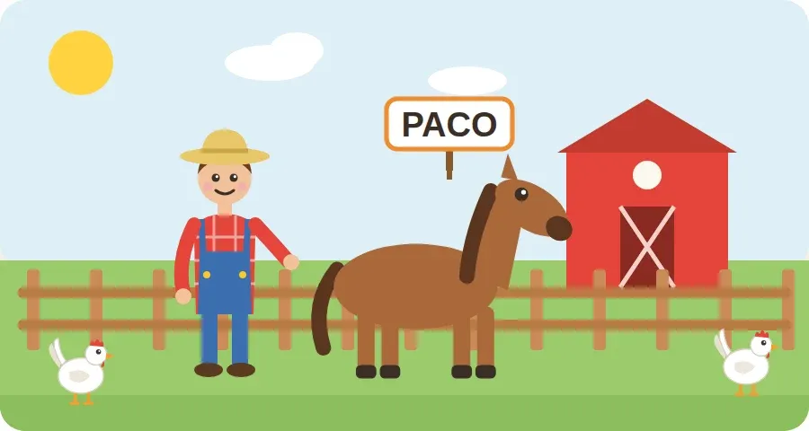 مزارع يقف بجانب حصانه في المزرعة، وفوق الحصان لوحة مكتوب عليها PACO
