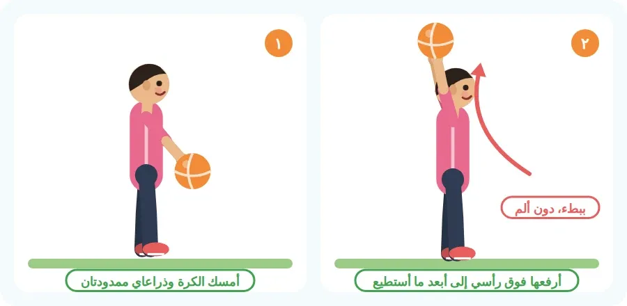 أمسك الكرة وذراعاي ممدودتان أمامي، ثم أرفعها فوق رأسي إلى أبعد ما أستطيع ببطء دون ألم