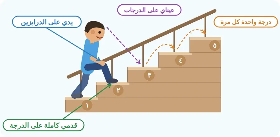 طفل يصعد السلم: يده على الدرابزين، وقدمه كاملة على الدرجة، وعيناه على الدرجات، ودرجة واحدة كل مرة