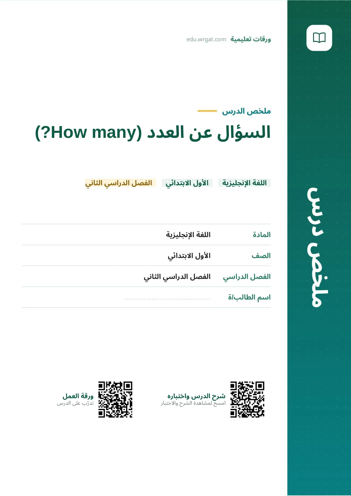 ملخص درس السؤال عن العدد (How many?) اول ابتدائي الفصل الدراسي الثاني