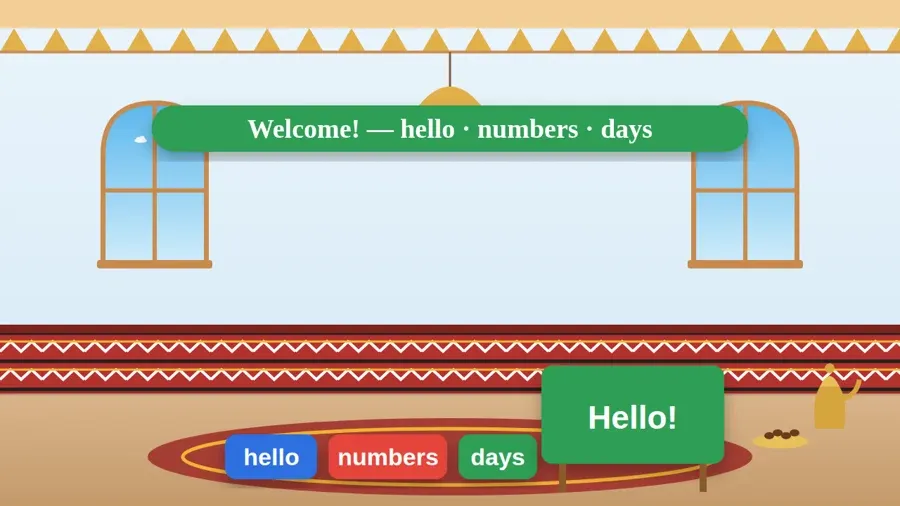 Welcome! — hello · numbers · days