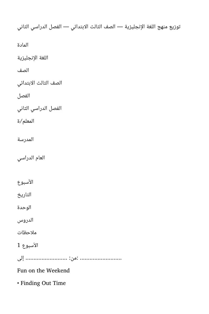 توزيع مادة اللغة الإنجليزية للصف الثالث الابتدائي الفصل الدراسي الثاني
