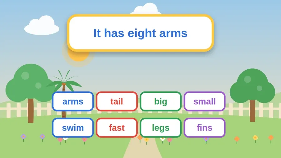 بطاقات كلمات الدرس: arms, tail, big, small, swim, fast, legs, fins
