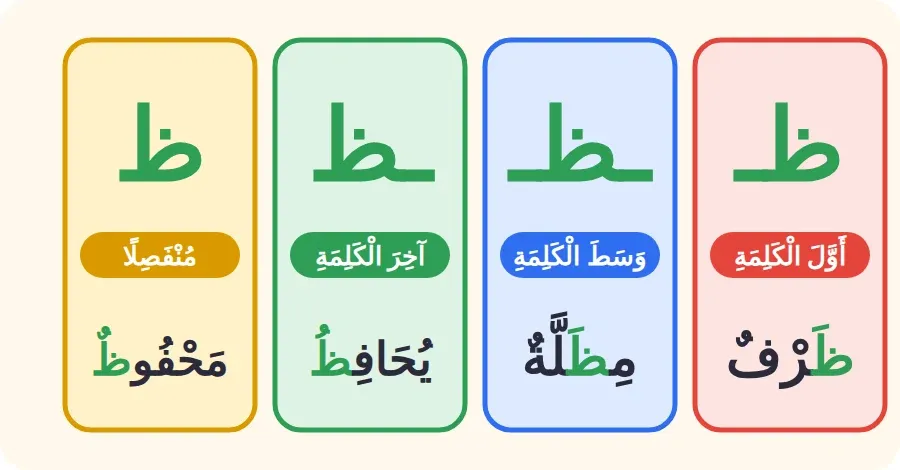 أشكال حرف الظاء: ظـ في أول الكلمة، ـظـ في وسطها، ـظ في آخرها متصلًا، ظ منفصلًا