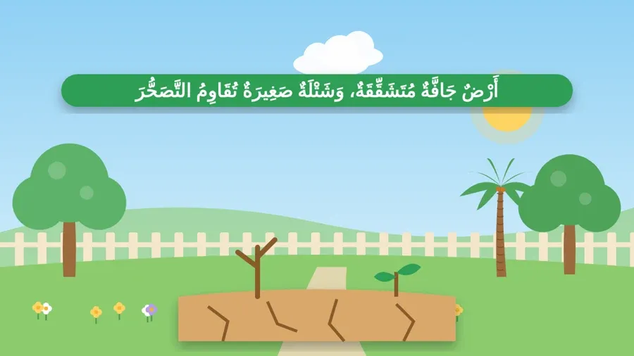 أَرْضٌ جَافَّةٌ مُتَشَقِّقَةٌ، وَشَتْلَةٌ صَغِيرَةٌ تُقَاوِمُ التَّصَحُّرَ