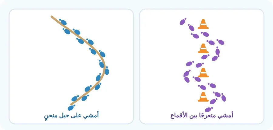 آثار أقدام على حبل منحنٍ ممدود على الأرض، وآثار أقدام تمشي متعرجة بين أقماع مصفوفة