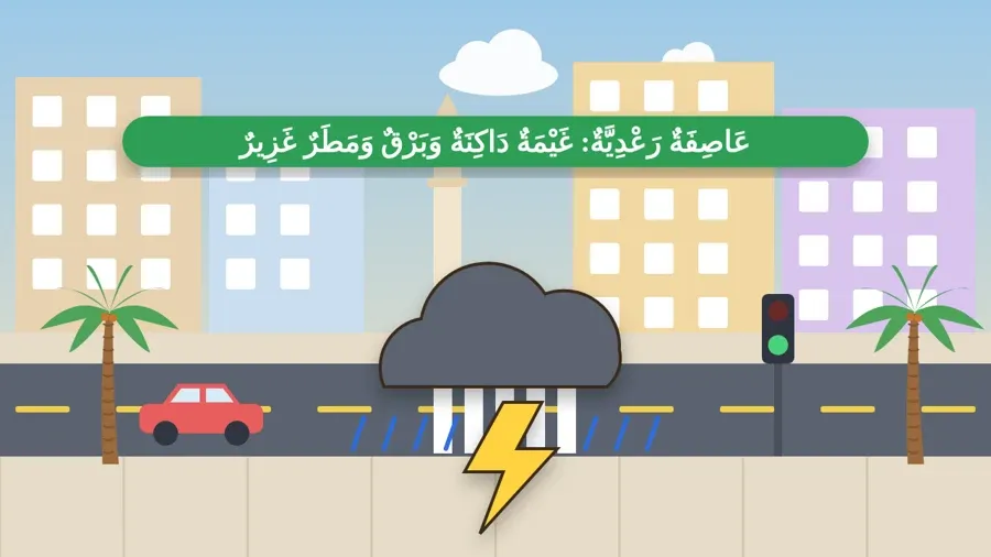 عَاصِفَةٌ رَعْدِيَّةٌ: غَيْمَةٌ دَاكِنَةٌ وَبَرْقٌ وَمَطَرٌ غَزِيرٌ