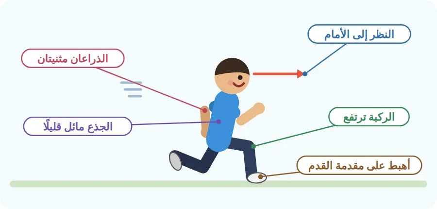 الوضع الصحيح للعدو: النظر إلى الأمام، الجذع مائل قليلًا، الذراعان مثنيتان، الركبة ترتفع، الهبوط على مقدمة القدم