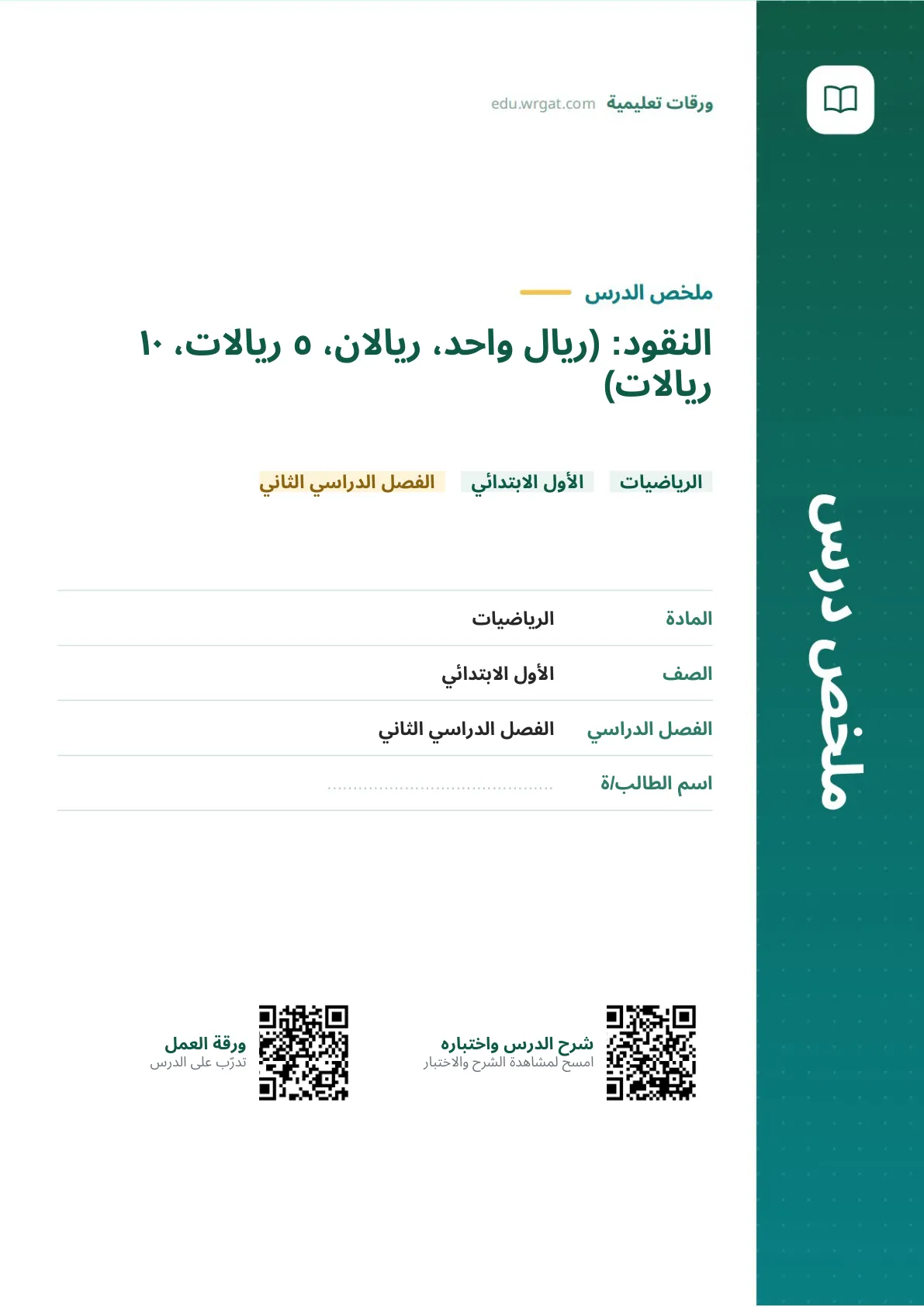 ملخص درس النقود: (ريال واحد، ريالان، ٥ ريالات، ١٠ ريالات) اول ابتدائي الفصل الدراسي الثاني