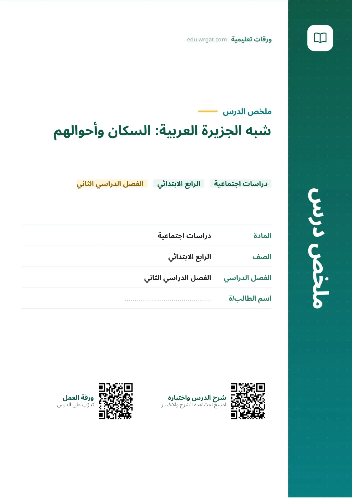 ملخص درس شبه الجزيرة العربية: السكان وأحوالهم رابع ابتدائي الفصل الثاني