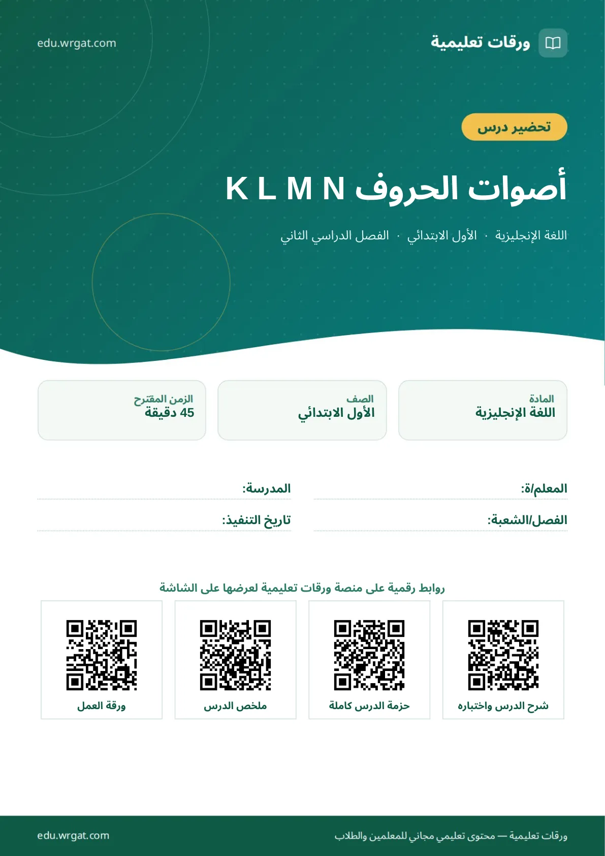 تحضير درس أصوات الحروف K L M N اول ابتدائي الفصل الدراسي الثاني للمعلمين
