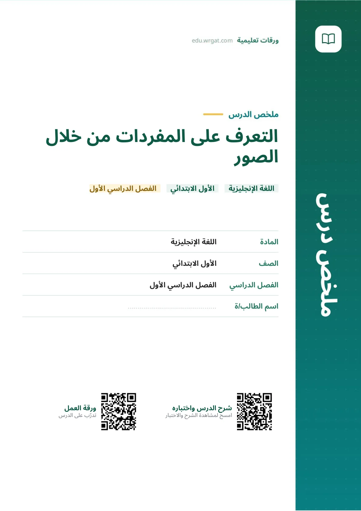 ملخص درس التعرف على المفردات من خلال الصور اول ابتدائي الفصل الدراسي الأول