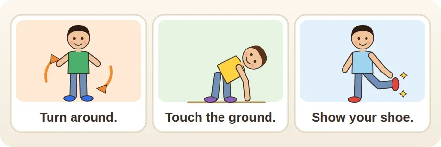 ثلاثة أطفال يؤدون الأوامر: Turn around وTouch the ground وShow your shoe