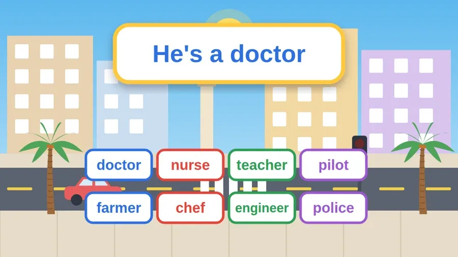 بطاقات كلمات الدرس: doctor, nurse, teacher, pilot, farmer, chef, engineer, police