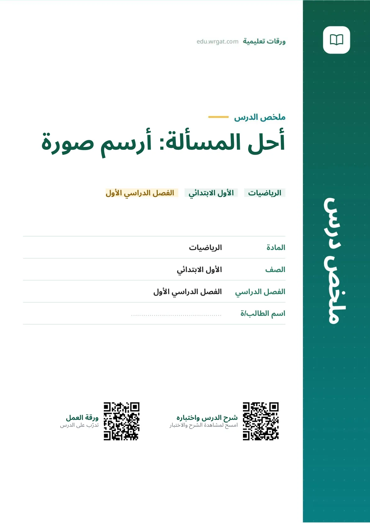 ملخص درس أحل المسألة: أرسم صورة (الأعداد حتى ١٠) اول ابتدائي الفصل الدراسي الأول