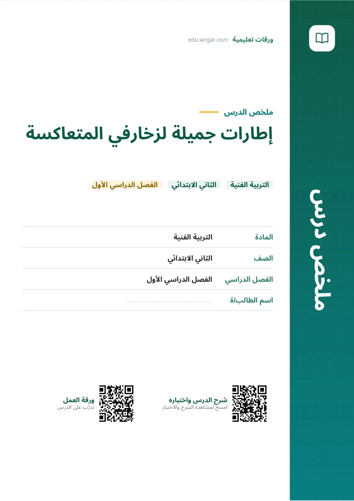 ملخص درس إطارات جميلة لزخارفي المتعاكسة ثاني ابتدائي الفصل الدراسي الأول