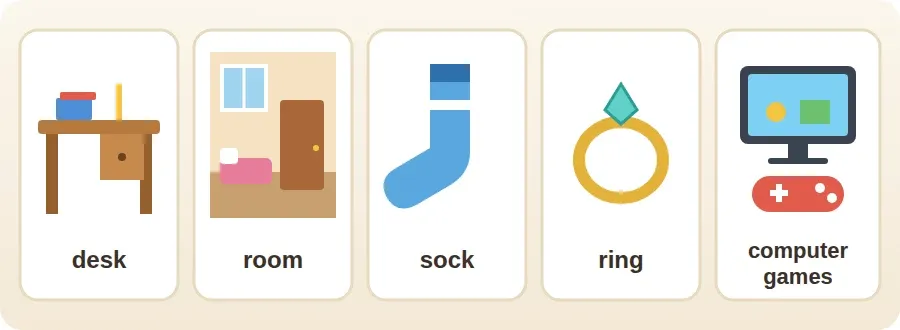 بطاقات مصوّرة لكلمات الدرس: desk, room, sock, ring, computer games