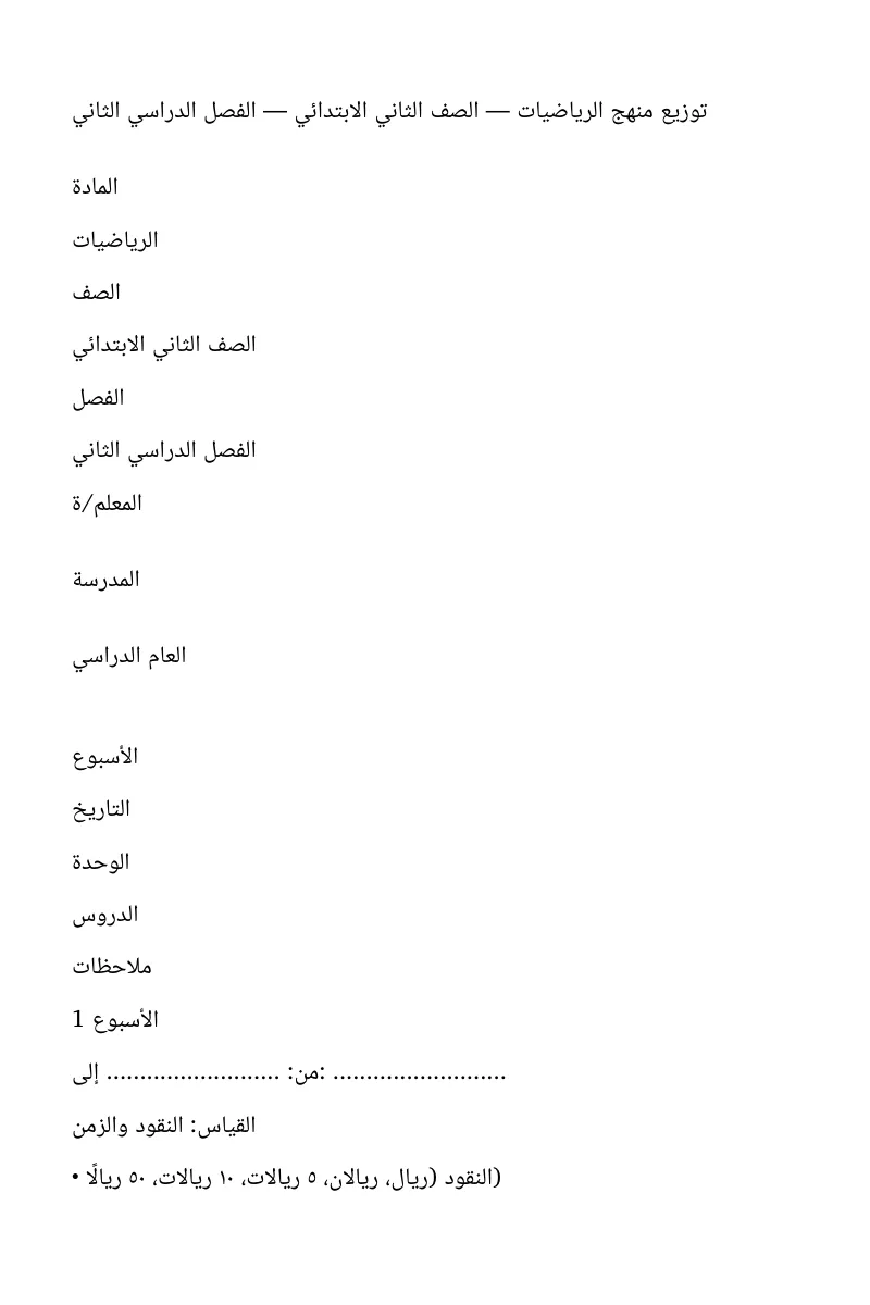 توزيع مقرر الرياضيات للصف الثاني الابتدائي للفصل الثاني