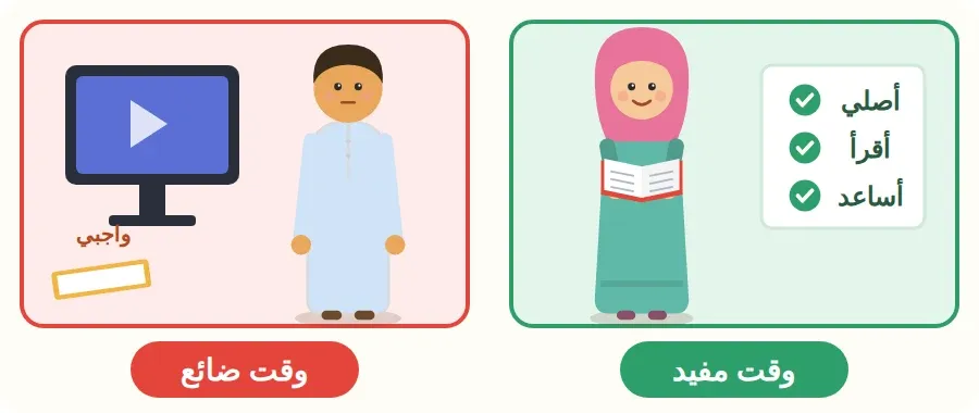 وقت مفيد: أقرأ وأساعد أسرتي وأؤدي واجبي، ووقت ضائع: أجلس أمام الشاشة طويلًا