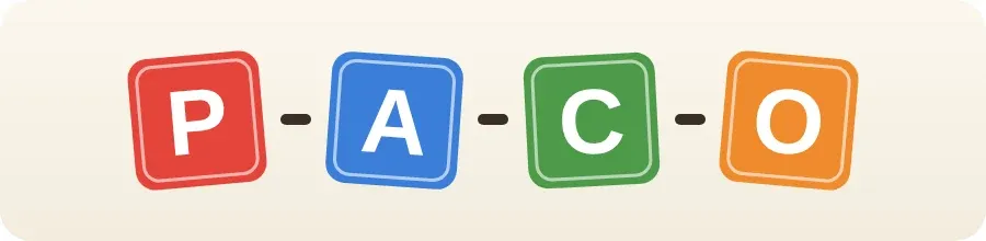 أربعة مكعبات ملوّنة عليها الحروف P وA وC وO