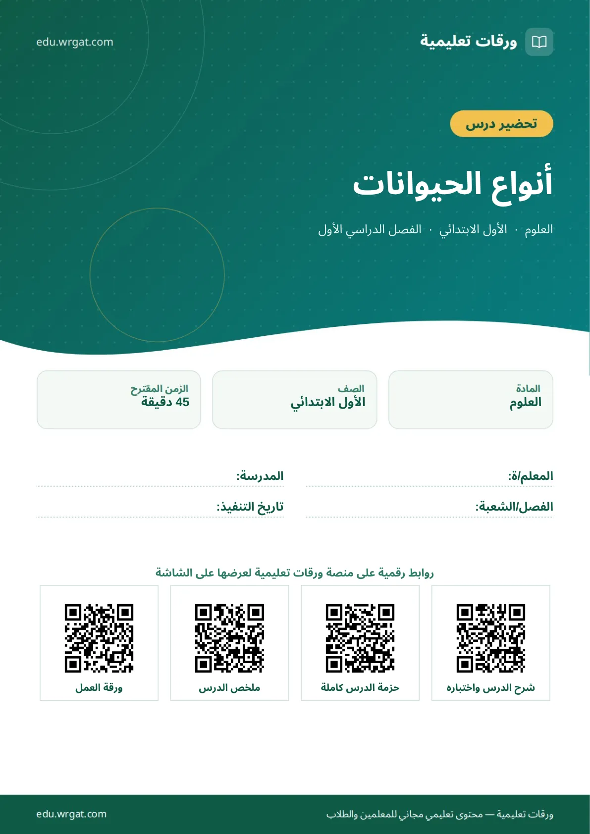 تحضير درس أنواع الحيوانات اول ابتدائي الفصل الدراسي الأول للمعلمين