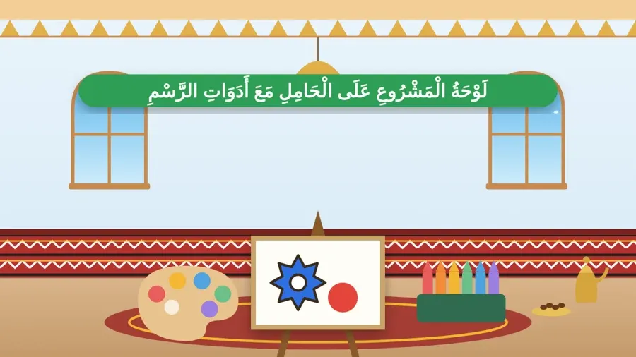 لَوْحَةُ الْمَشْرُوعِ عَلَى الْحَامِلِ مَعَ أَدَوَاتِ الرَّسْمِ