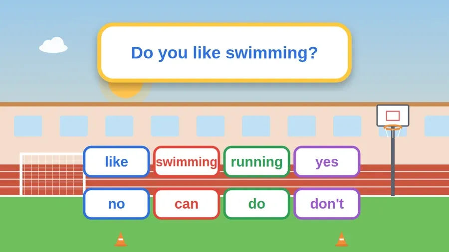 بطاقات كلمات الدرس: like, swimming, running, yes, no, can, do, don't