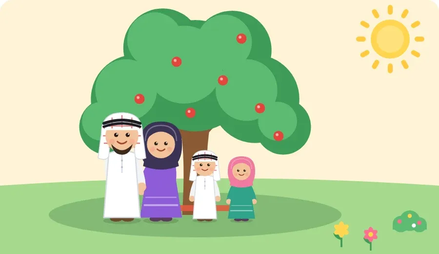 أُسْرَةٌ تَجْلِسُ فِي ظِلِّ شَجَرَةٍ كَبِيرَةٍ وَالشَّمْسُ حَارَّةٌ