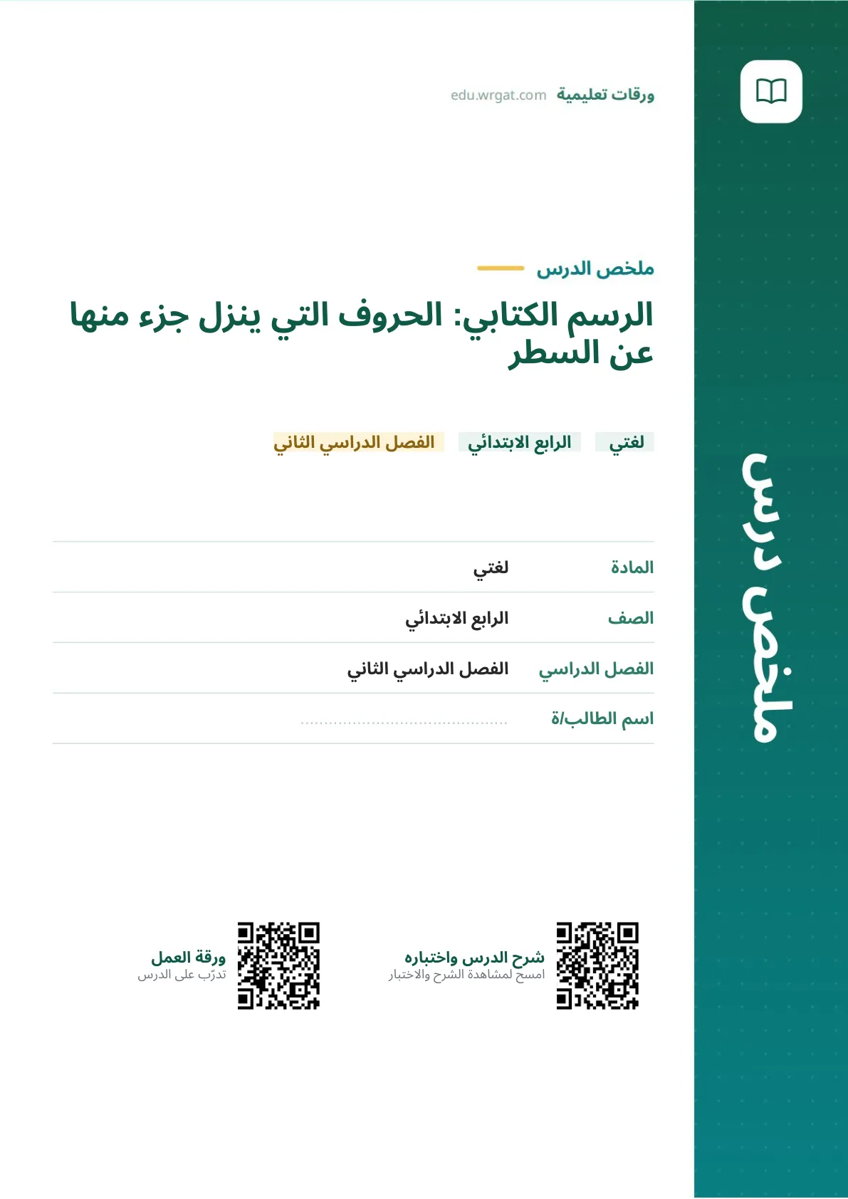 ملخص درس الرسم الكتابي: الحروف التي ينزل جزء منها عن السطر رابع ابتدائي الفصل الثاني
