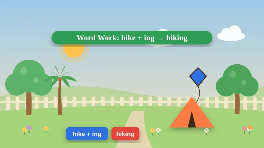 Word Work: hike + ing → hiking