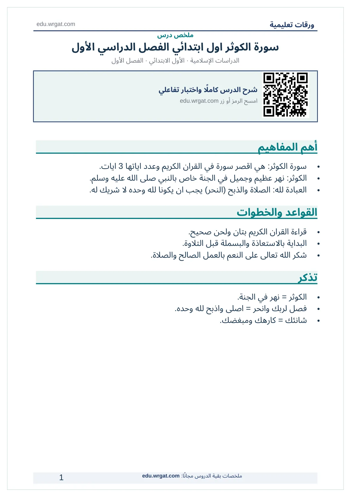 ملخص درس سورة الكوثر اول ابتدائي الفصل الدراسي الأول