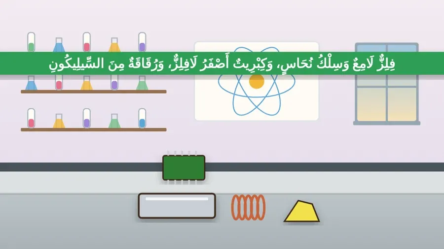 فِلِزٌّ لَامِعٌ وَسِلْكُ نُحَاسٍ، وَكِبْرِيتٌ أَصْفَرُ لَافِلِزٌّ، وَرُقَاقَةٌ مِنَ السِّيلِيكُونِ