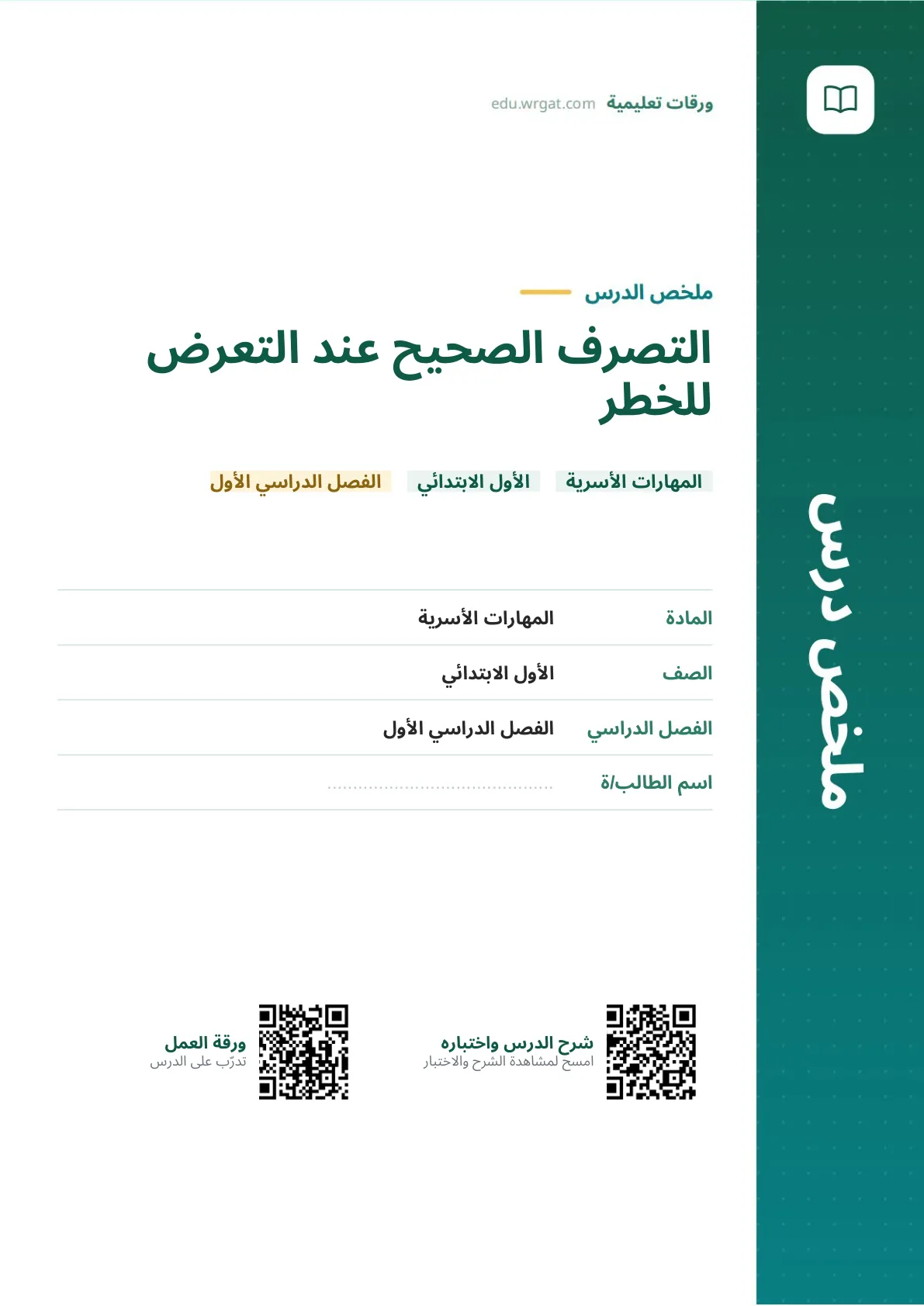 ملخص درس التصرف الصحيح عند التعرض للخطر اول ابتدائي الفصل الدراسي الأول