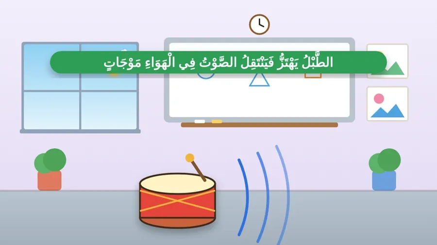 الطَّبْلُ يَهْتَزُّ فَيَنْتَقِلُ الصَّوْتُ فِي الْهَوَاءِ مَوْجَاتٍ