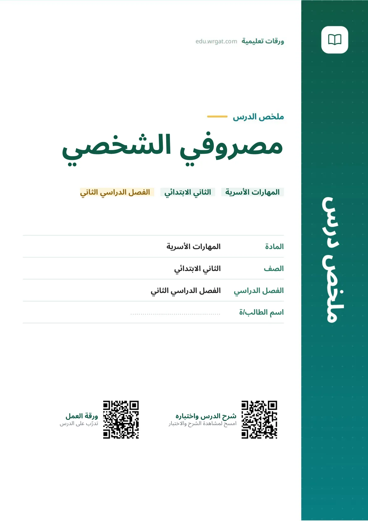 ملخص درس مصروفي الشخصي ثاني ابتدائي الفصل الدراسي الثاني