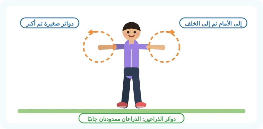 دوائر الذراعين: الذراعان ممدودتان جانبًا وترسمان دوائر صغيرة ثم أكبر، إلى الأمام ثم إلى الخلف