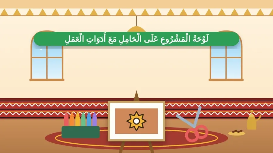 لَوْحَةُ الْمَشْرُوعِ عَلَى الْحَامِلِ مَعَ أَدَوَاتِ الْعَمَلِ
