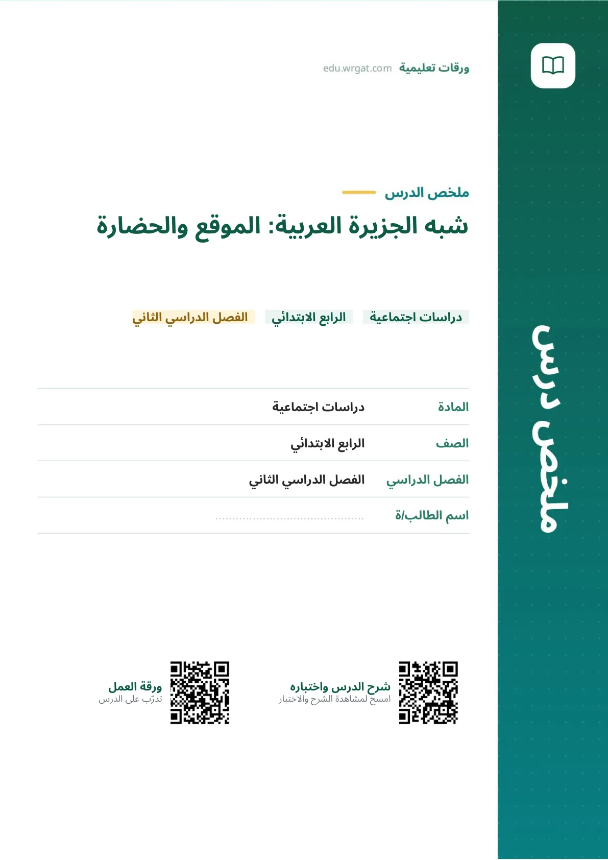 ملخص درس شبه الجزيرة العربية: الموقع والحضارة رابع ابتدائي الفصل الثاني