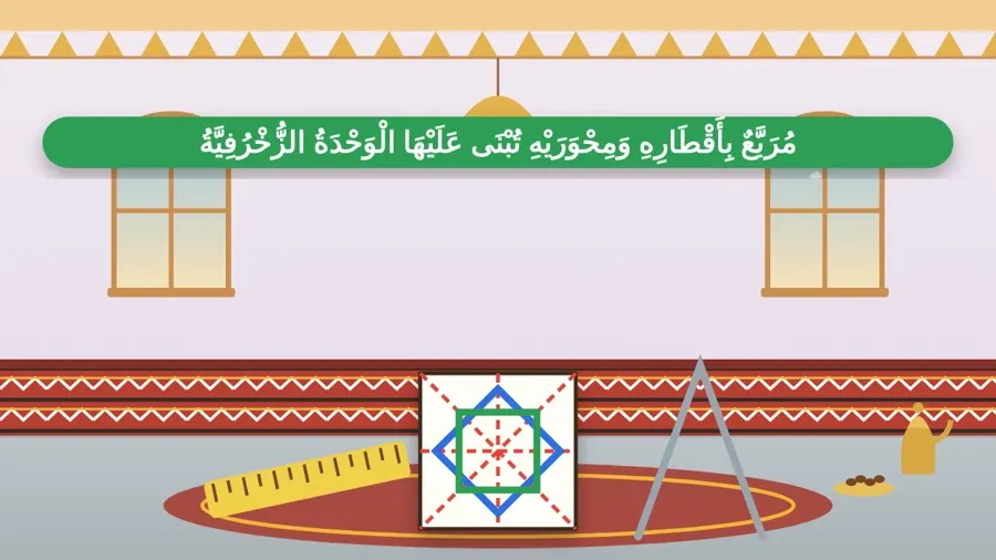 مُرَبَّعٌ بِأَقْطَارِهِ وَمِحْوَرَيْهِ تُبْنَى عَلَيْهَا الْوَحْدَةُ الزُّخْرُفِيَّةُ