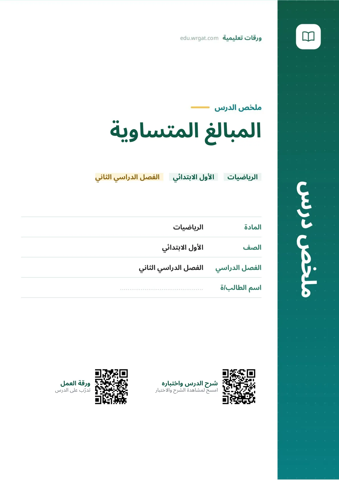 ملخص درس المبالغ المتساوية اول ابتدائي الفصل الدراسي الثاني