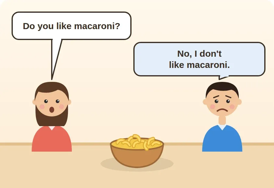 بنت تسأل: Do you like macaroni? وولد يجيب: No, I don't like macaroni.