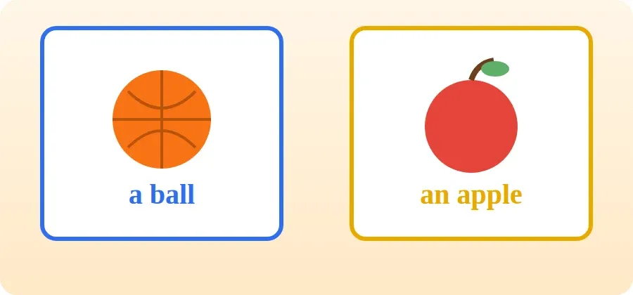 بطاقتان: a ball بجانب كرة، وan apple بجانب تفاحة