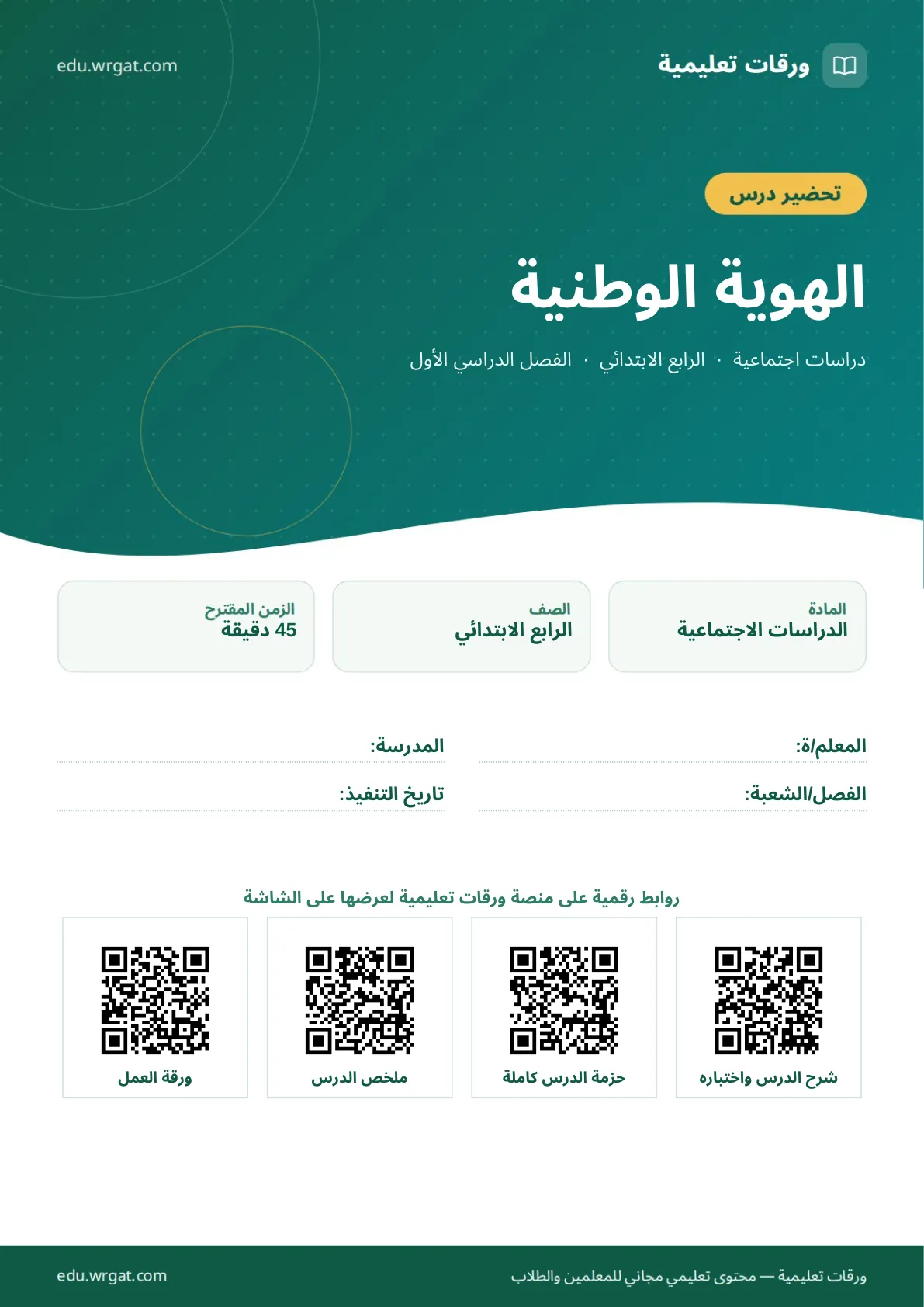 تحضير درس الهوية الوطنية رابع ابتدائي الفصل الأول للمعلمين