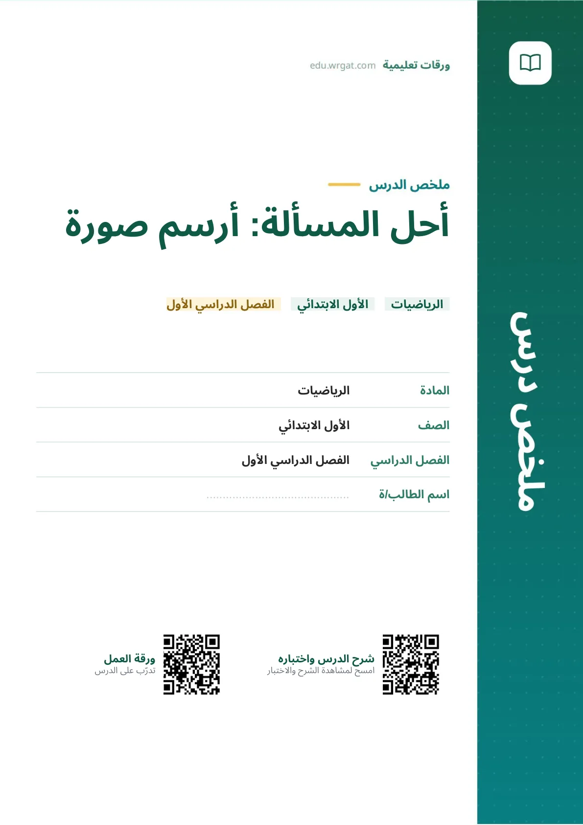 ملخص درس أحل المسألة: أرسم صورة اول ابتدائي الفصل الدراسي الأول