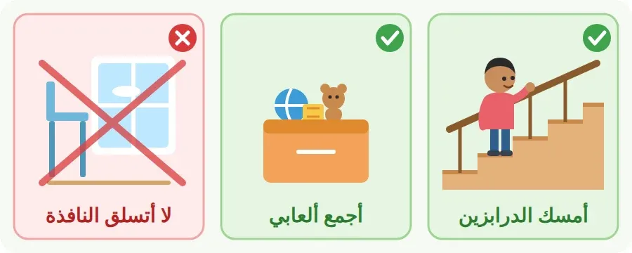 سلوك آمن وسلوك غير آمن: أمسك الدرابزين، وأجمع ألعابي، ولا أتسلق النافذة